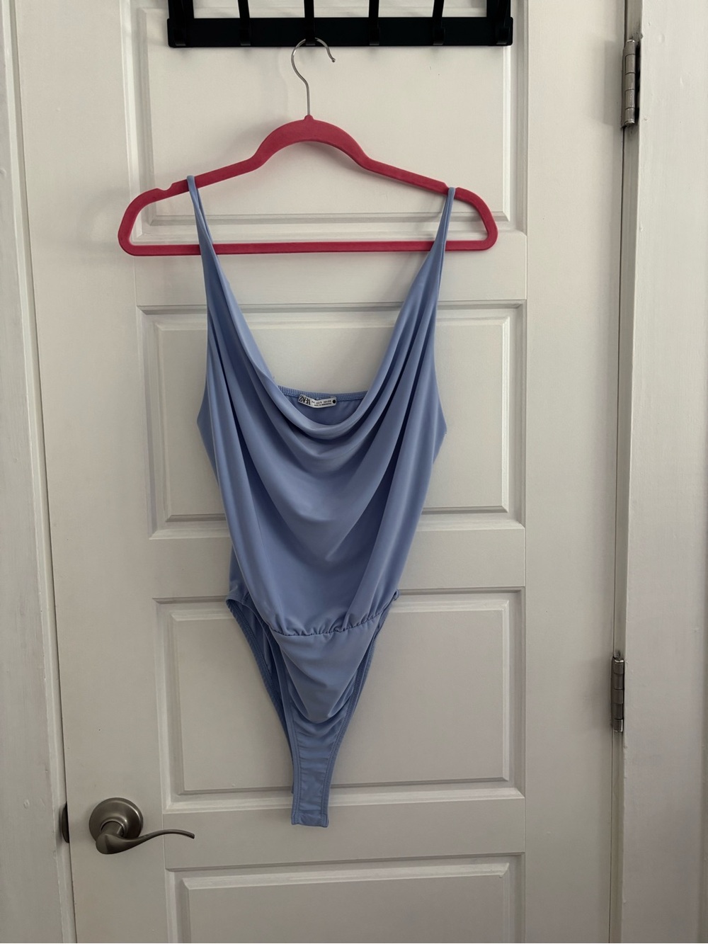 Zara Light Blue Draped Cowl Neck Bodysuit